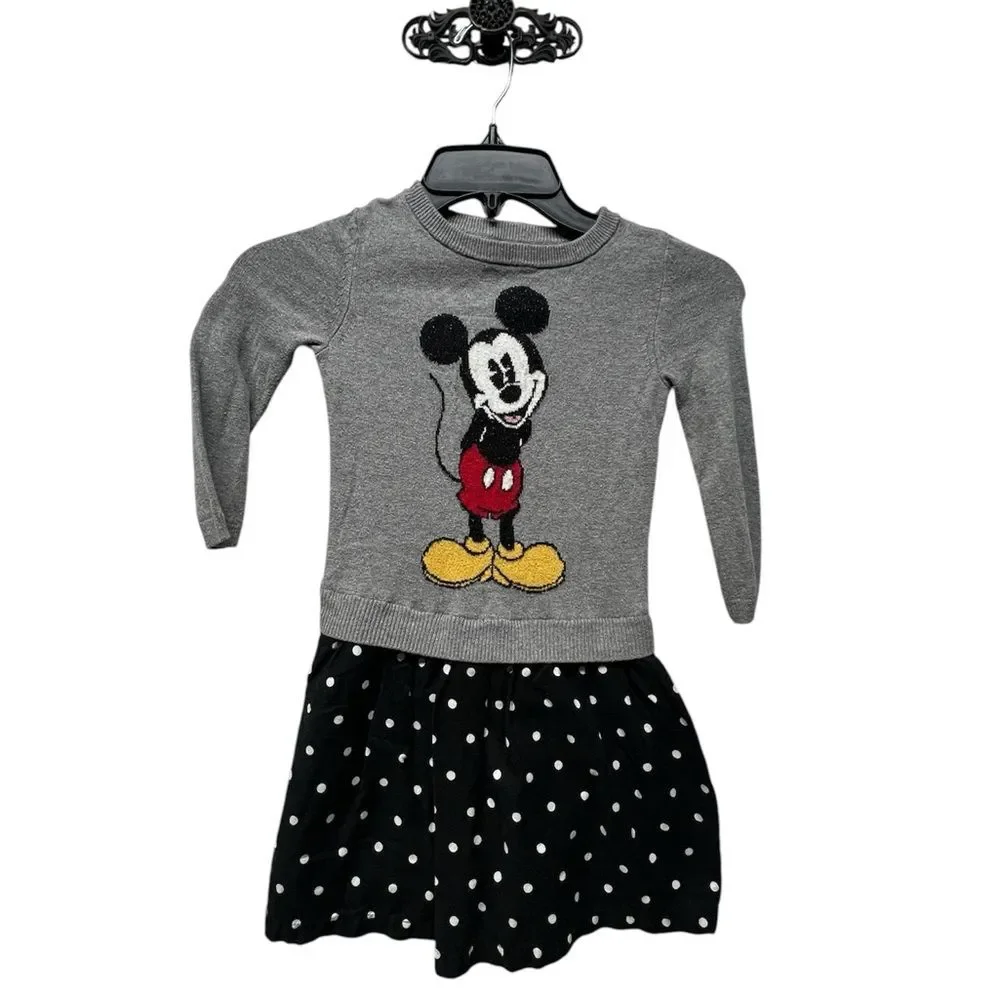 Gap Kids Mickey Mouse Polka Dot sweater Dress Size XS 4-5 Cotton Gray